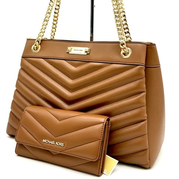 Michael Kors Whitney Medium Quilted Tote Bag & Large Trifold Wallet Luggage - Picture 1 of 13